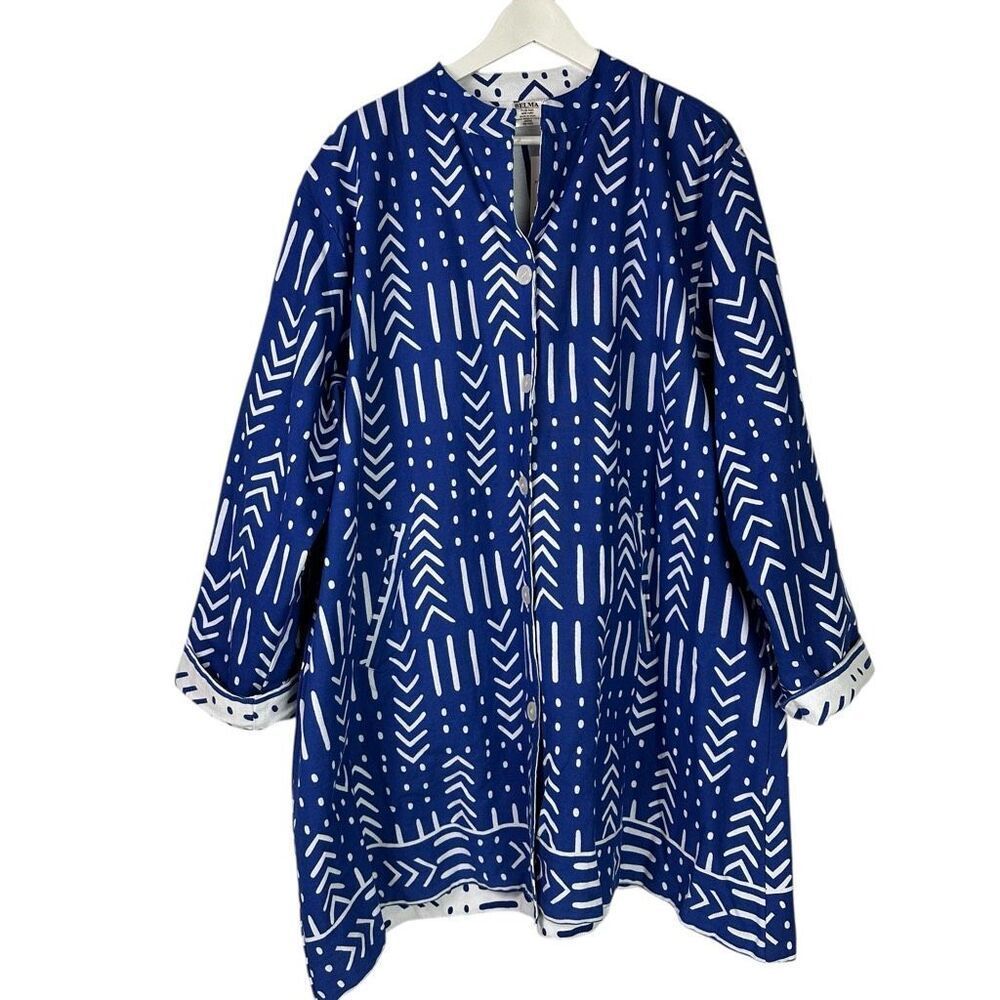 Belma Reversible Blue/White African Inspired Jacket with Pockets Plus Size